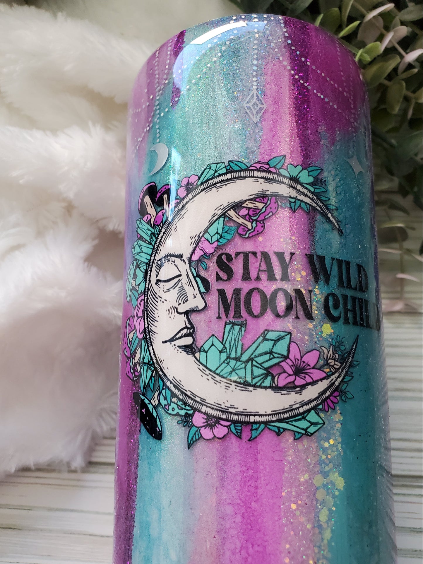 Stay Wild Moon Child Glitter Ink Crystals Custom Tumbler - 20 oz Skinny Straight - turquoise purple pink