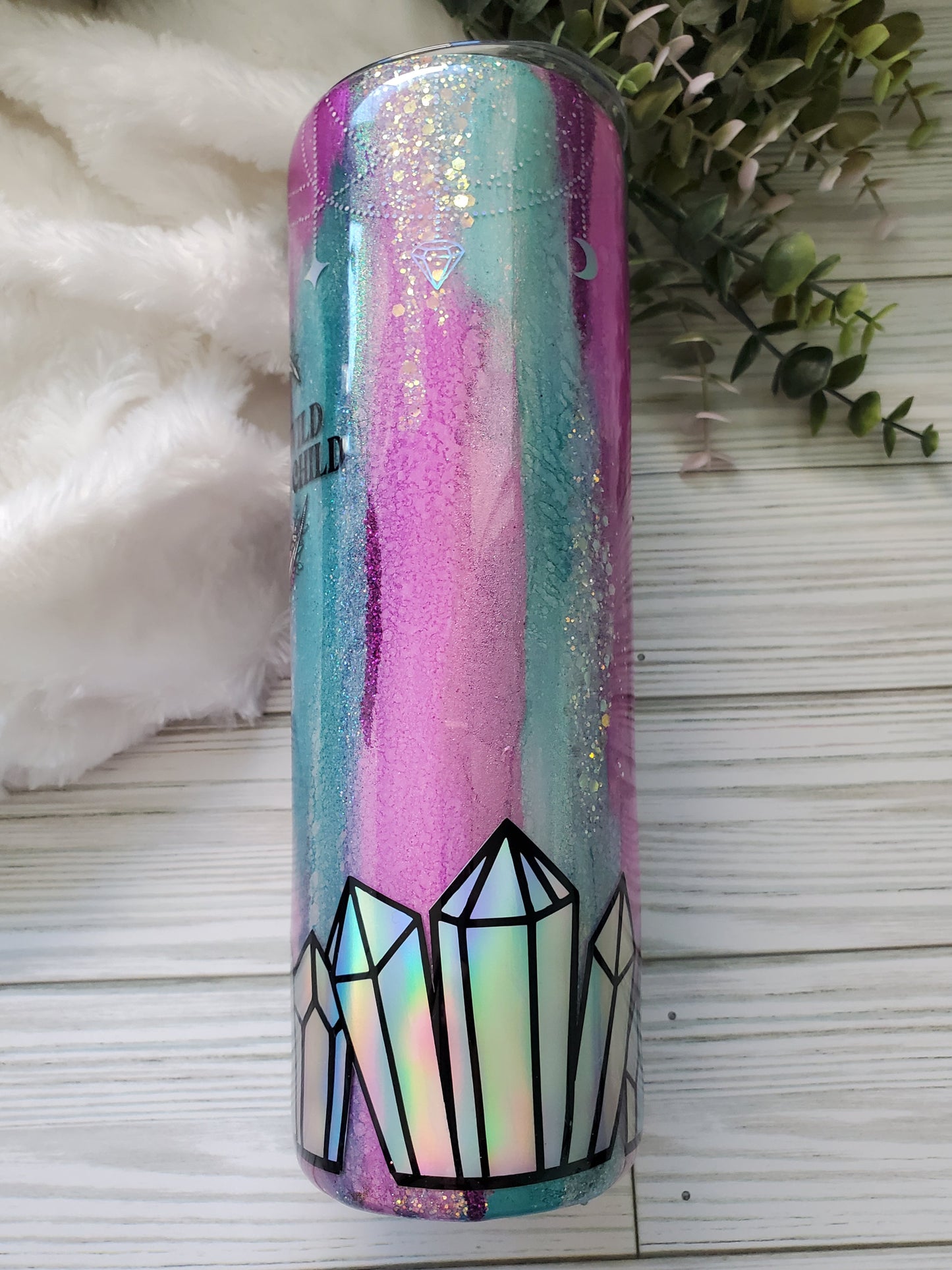 Stay Wild Moon Child Glitter Ink Crystals Custom Tumbler - 20 oz Skinny Straight - turquoise purple pink