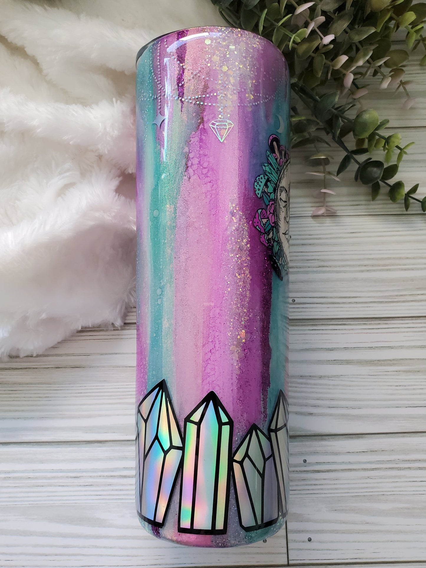 Stay Wild Moon Child Glitter Ink Crystals Custom Tumbler - 20 oz Skinny Straight - turquoise purple pink
