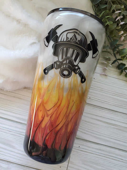 Firefighter Non Glitter Custom Tumbler - 32 oz slim taper - red orange yellow black