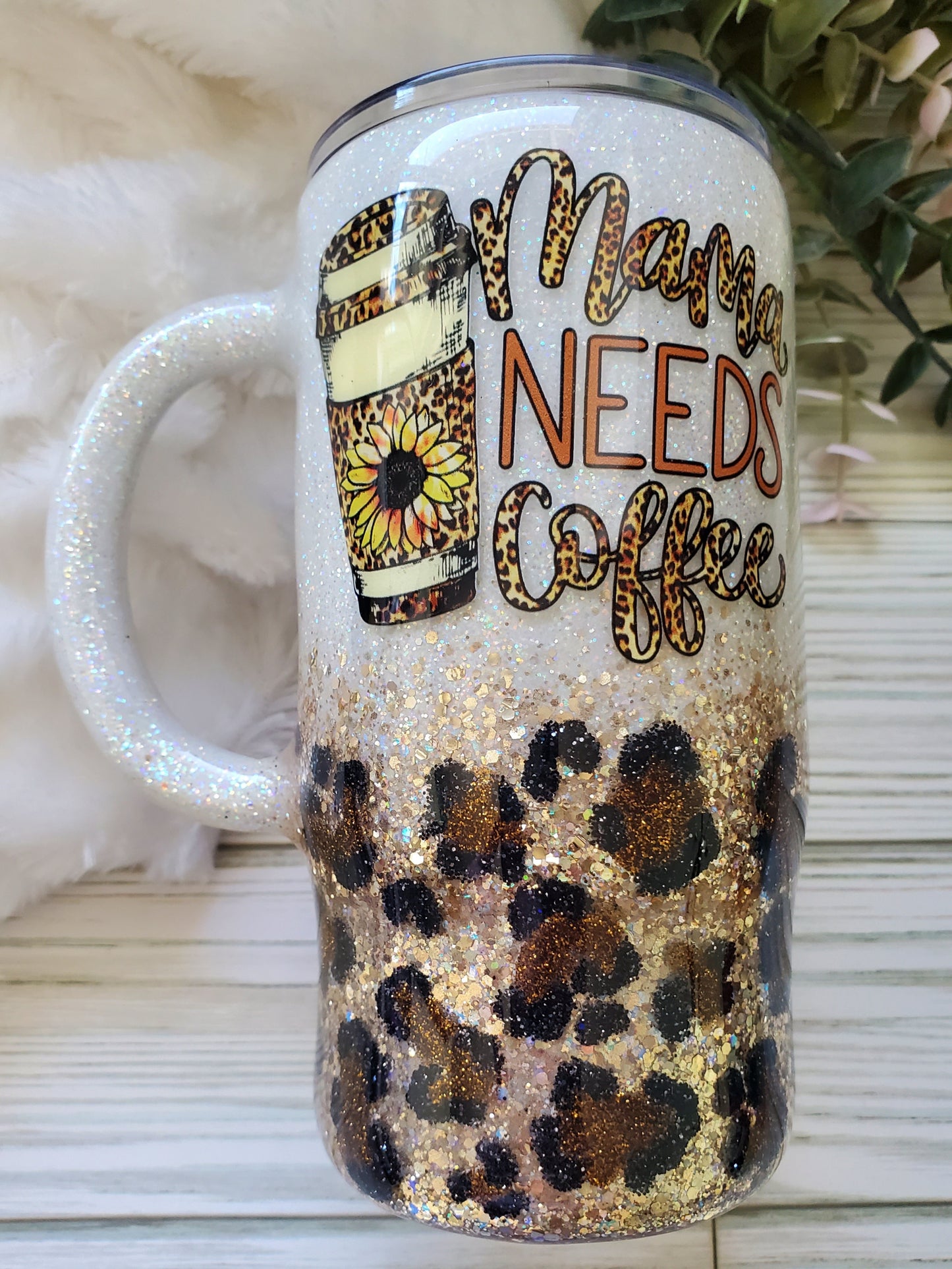 "Mama Needs Coffee" Glitter Leopard Custom Mug Tumbler - 16 oz Morning Mug - white browns