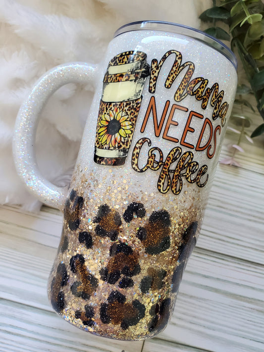 "Mama Needs Coffee" Glitter Leopard Custom Mug Tumbler - 16 oz Morning Mug - white browns