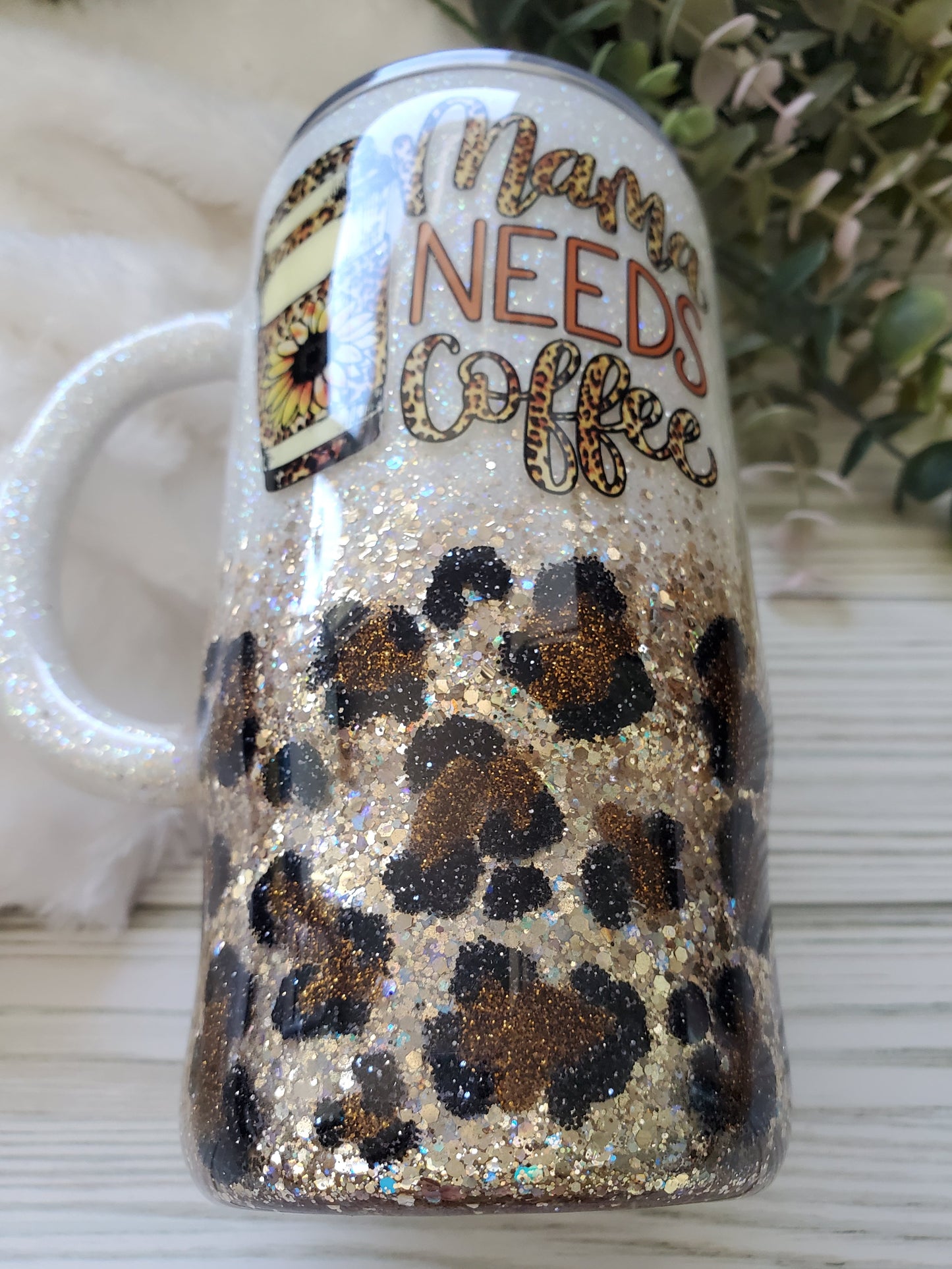 "Mama Needs Coffee" Glitter Leopard Custom Mug Tumbler - 16 oz Morning Mug - white browns