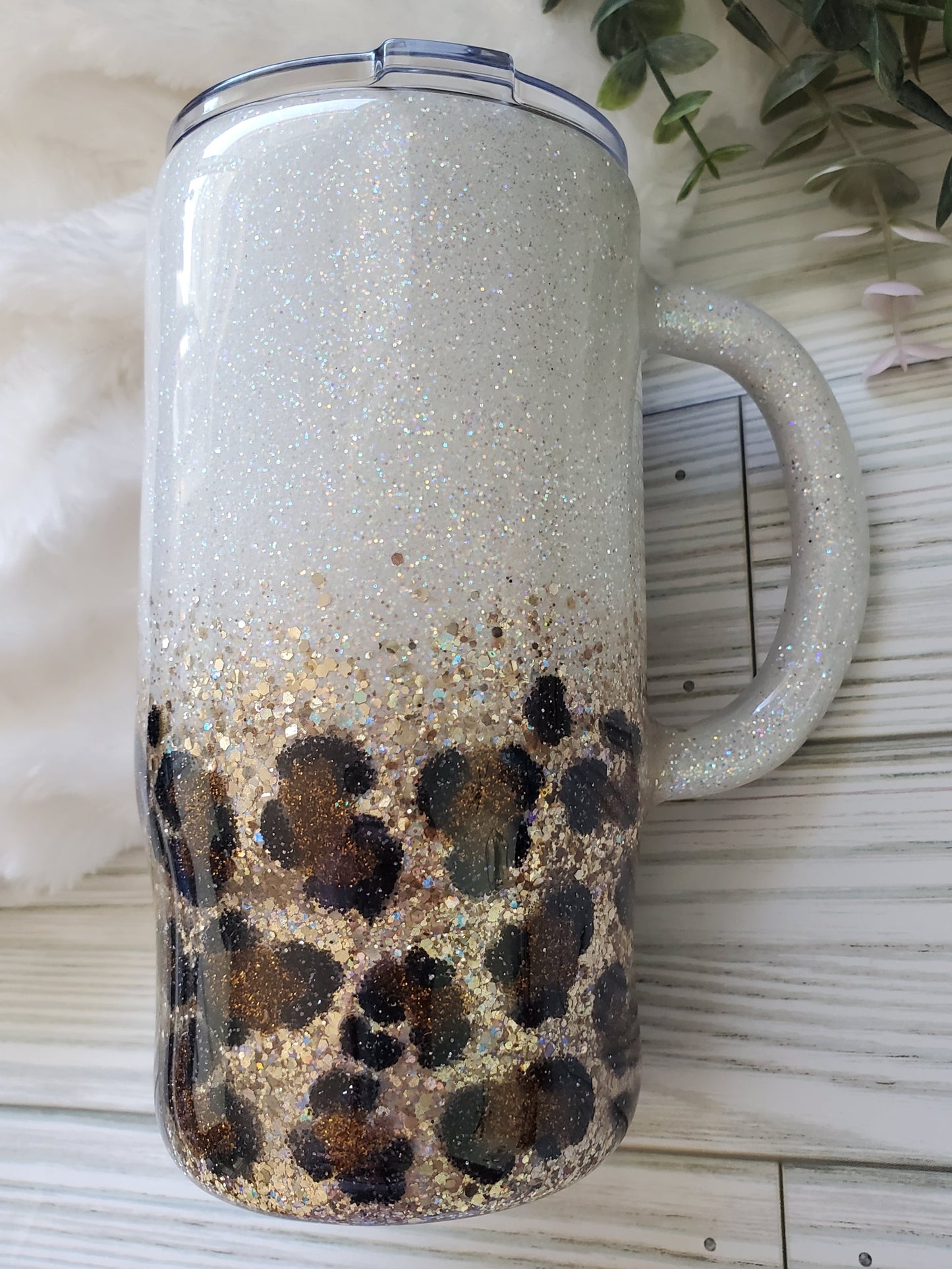 "Mama Needs Coffee" Glitter Leopard Custom Mug Tumbler - 16 oz Morning Mug - white browns
