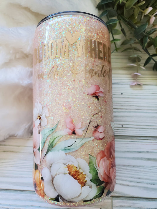Bloom Where you are Planted Glitter Floral Tumbler - 16 oz skinny straight - peach / Champagne gold