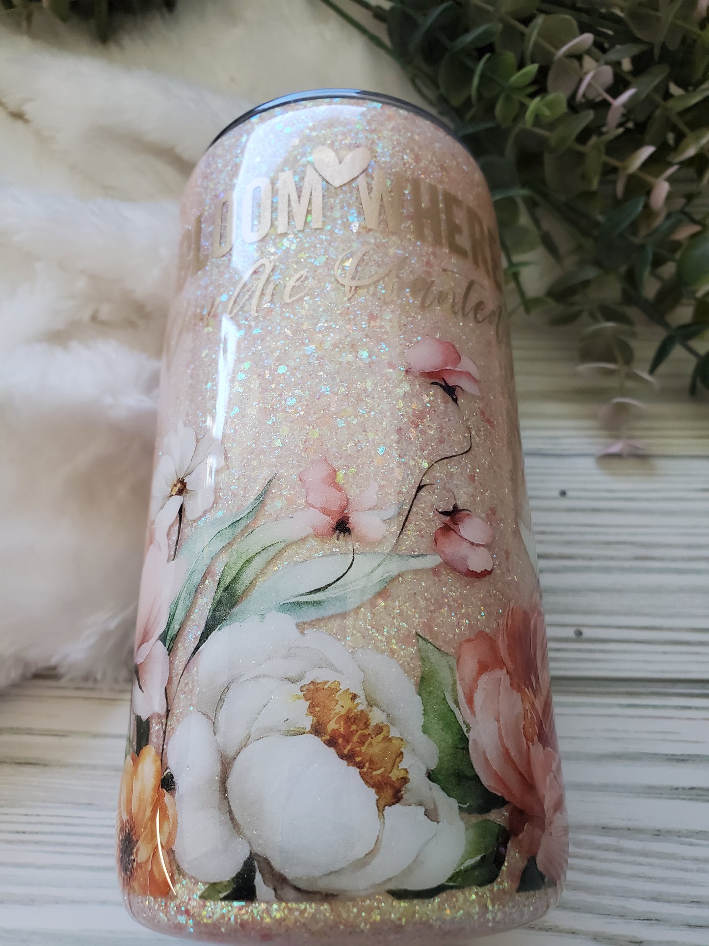 Bloom Where you are Planted Glitter Floral Tumbler - 16 oz skinny straight - peach / Champagne gold