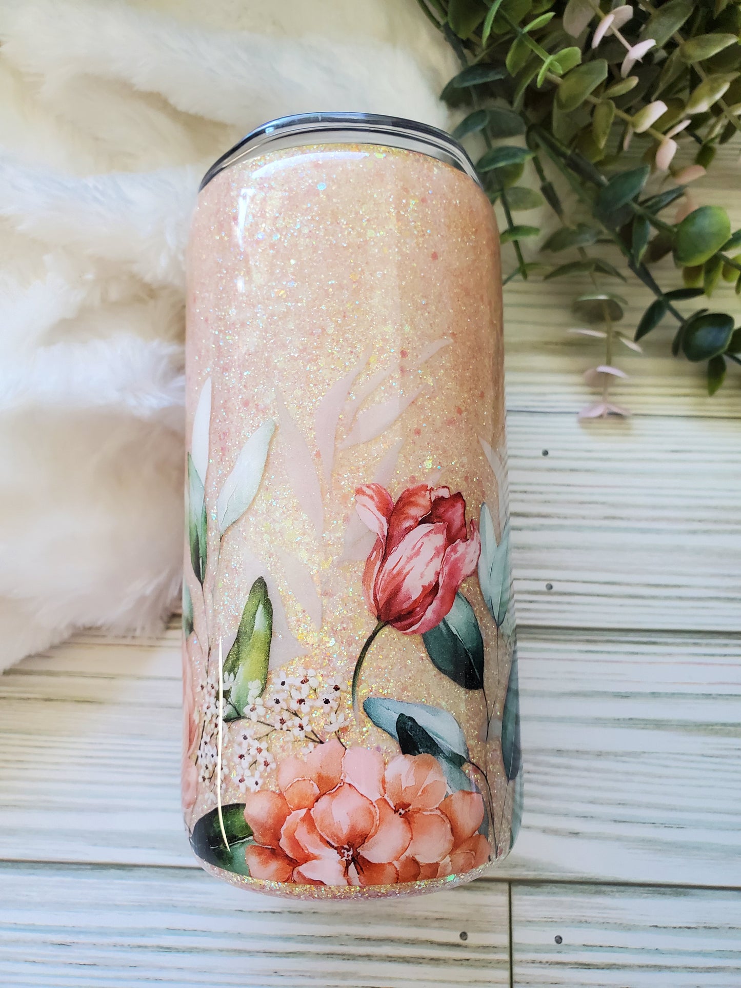 Bloom Where you are Planted Glitter Floral Tumbler - 16 oz skinny straight - peach / Champagne gold