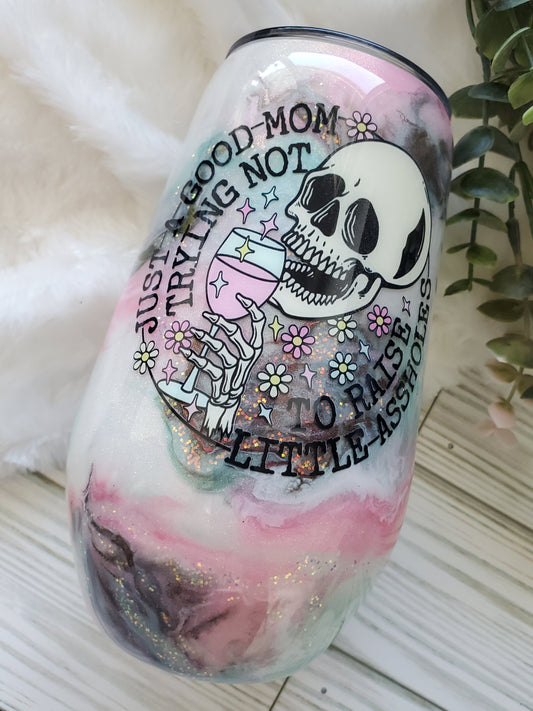 Just Trying to Be a Good Mom Glitter Ink Custom Tumbler - 17 oz Wine - pastel blue pink