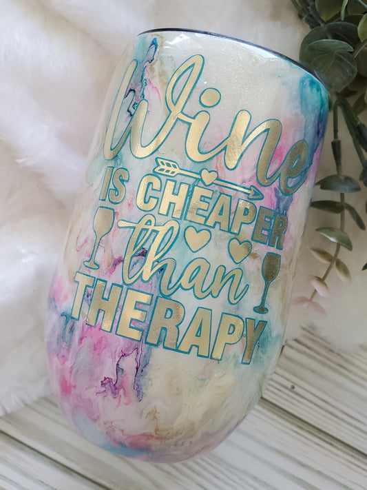 Wine is cheaper than therapy Glitter Ink Custom Tumbler - 16 oz Wine - pastel blue pink purple