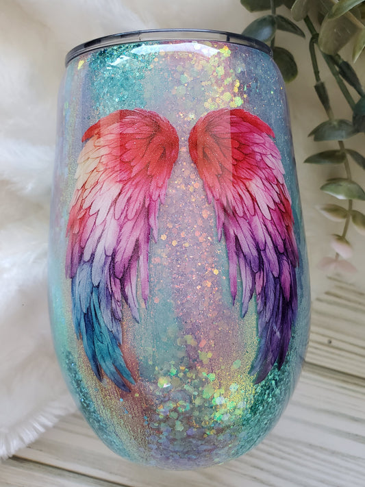 Wings rainbow Glitter Pigment Custom Tumbler - 14 oz Wine - pastels