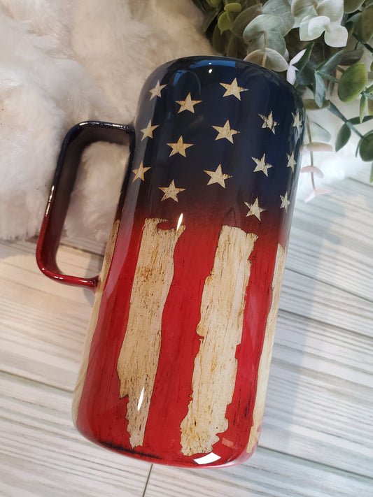 Flag Distressed Non Glitter Tumbler - 16 oz Handle skinny straight - Red/White/Blue