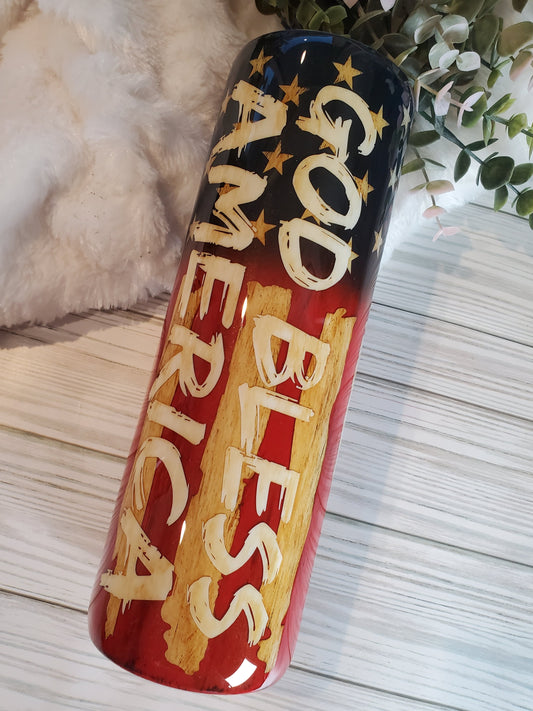 Flag God Bless America Distressed Non Glitter Tumbler - 30 oz skinny straight - Red/White/Blue