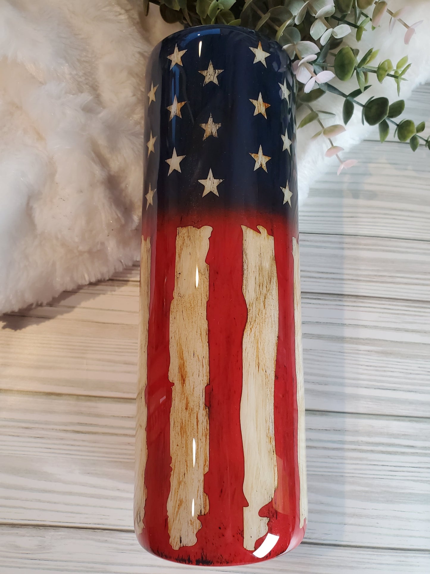 Flag God Bless America Distressed Non Glitter Tumbler - 30 oz skinny straight - Red/White/Blue