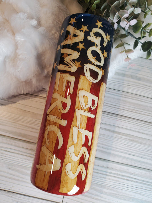 Flag God Bless America Distressed Non Glitter Tumbler - 20 oz skinny straight - Red/White/Blue