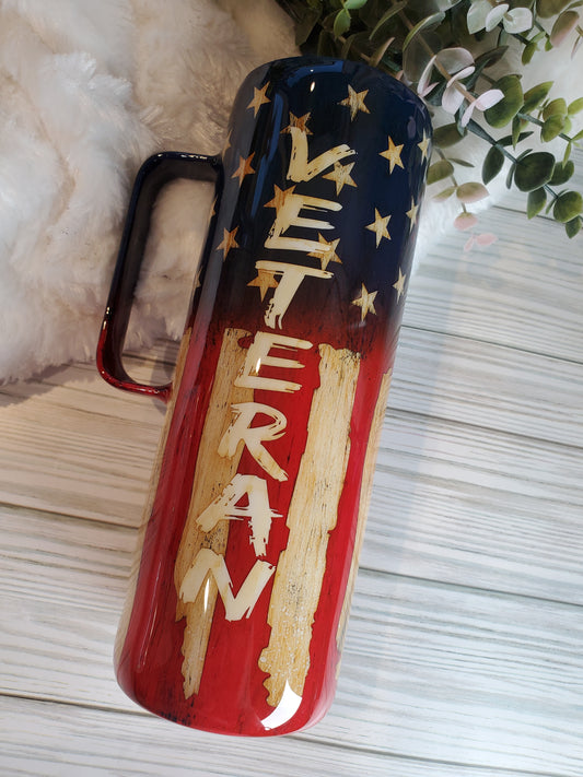 Flag Veteran Distressed Non Glitter Tumbler - 20 oz Handle skinny straight - Red/White/Blue