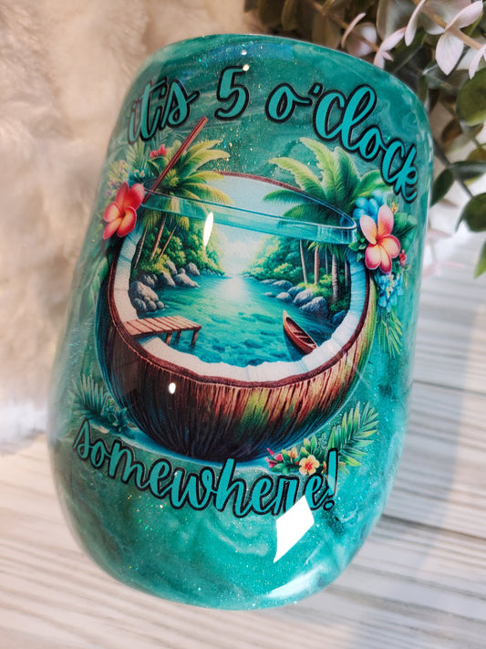 It's 5 o'clock Somewhere Alcohol Ink Pigment Custom Tumbler - 15 oz Wine - turquoise