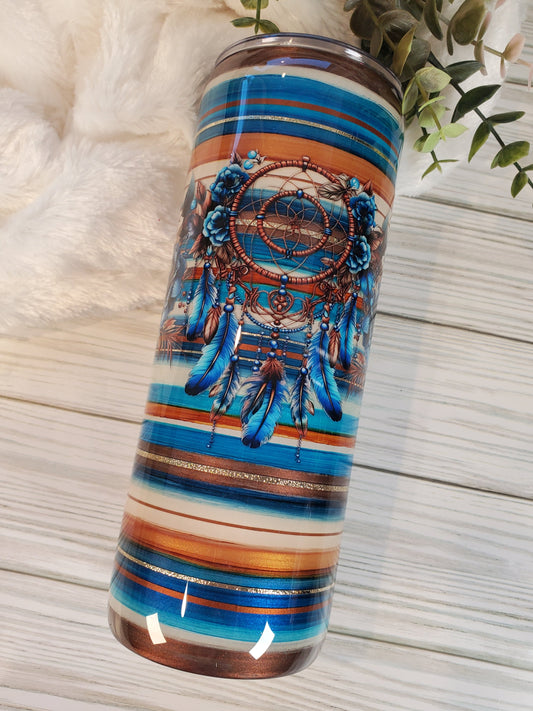 Serape Dreamcatcher Floral Texture Custom Tumbler - 24 oz Skinny - blue brown copper