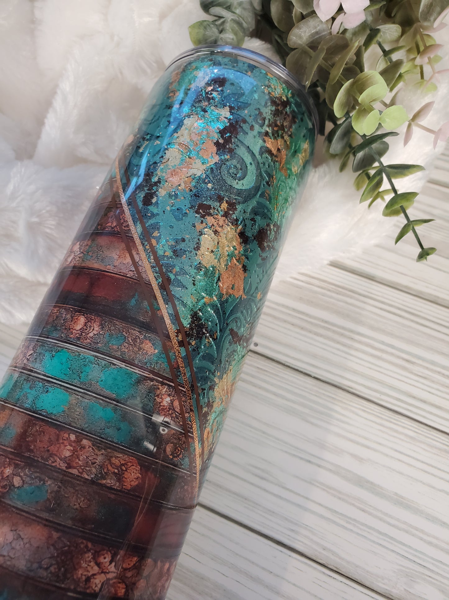Western textured foil vinyl Custom Tumbler - 32 oz skinny - turquoise brown gold