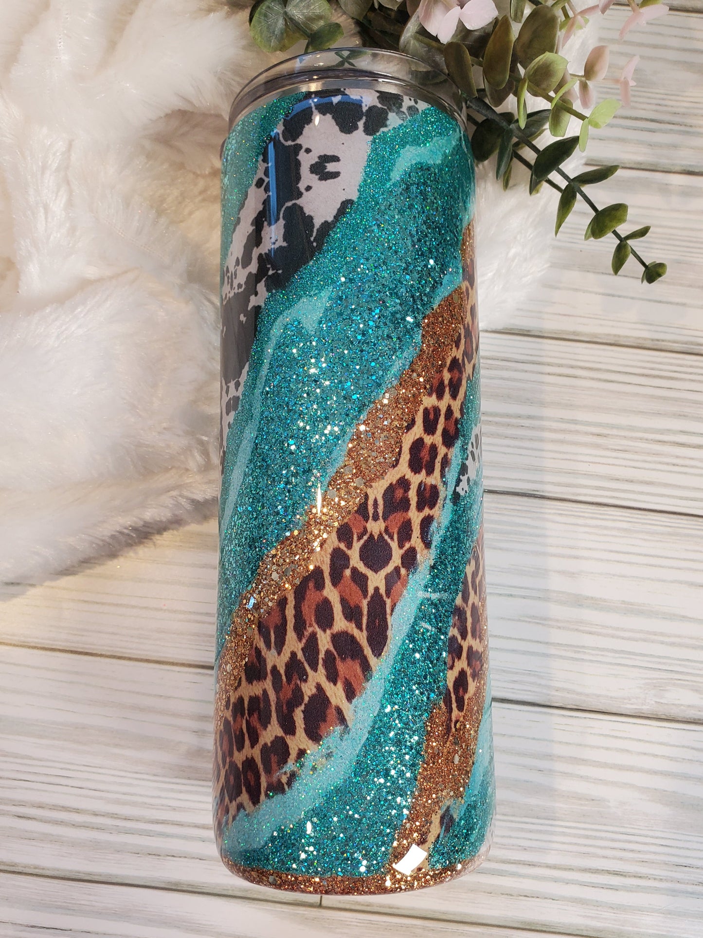 Western Leopard Cow Spots Custom Tumbler - 20 oz Skinny Straight - turquoise gold