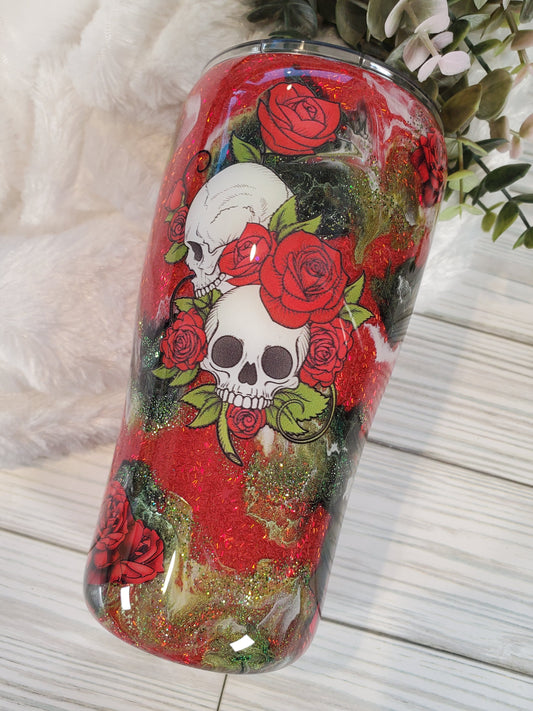 Skull and roses ink swirl tinsel glitter custom tumbler - 20 oz curve - red green black