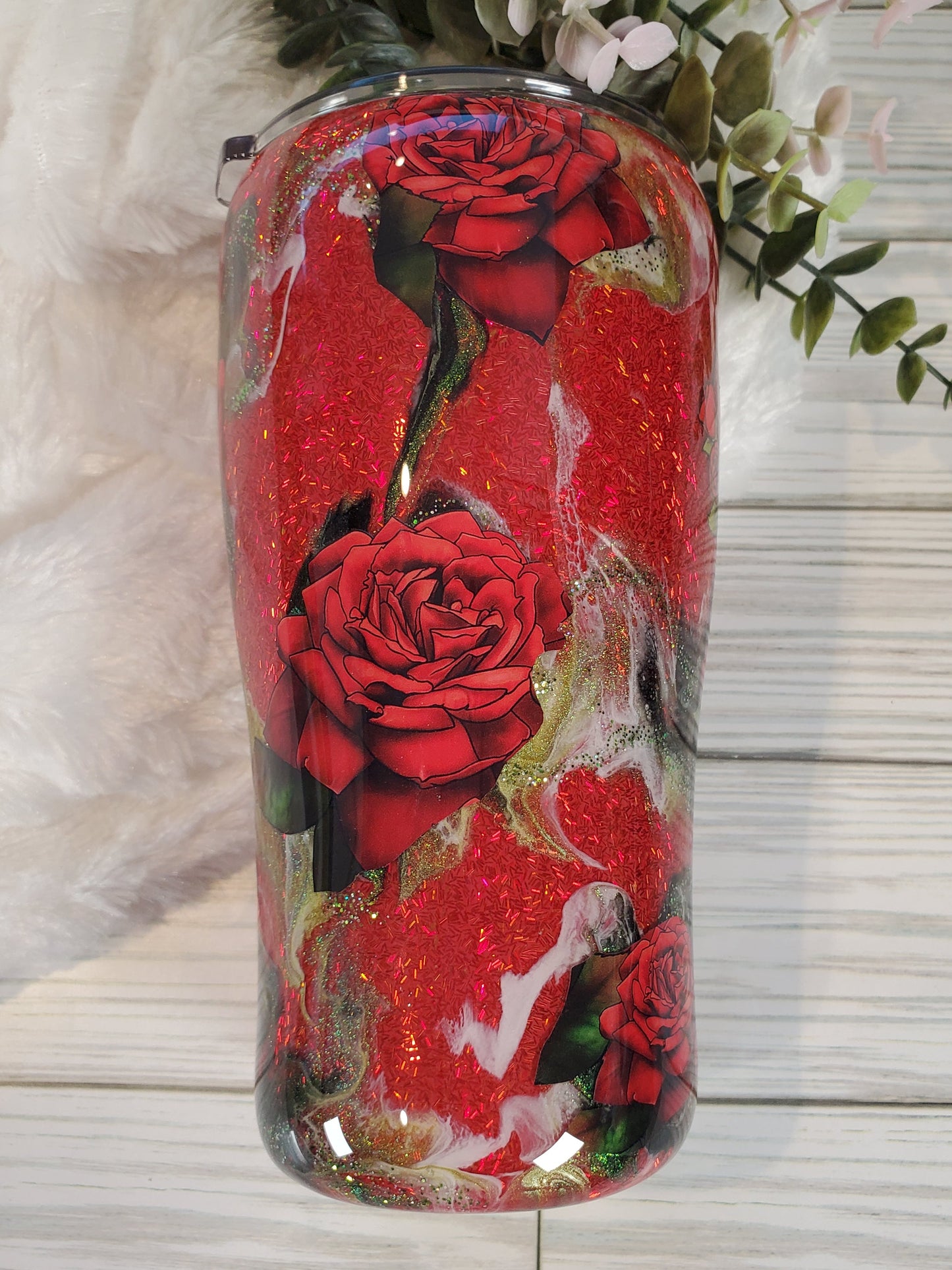 Skull and roses ink swirl tinsel glitter custom tumbler - 20 oz curve - red green black