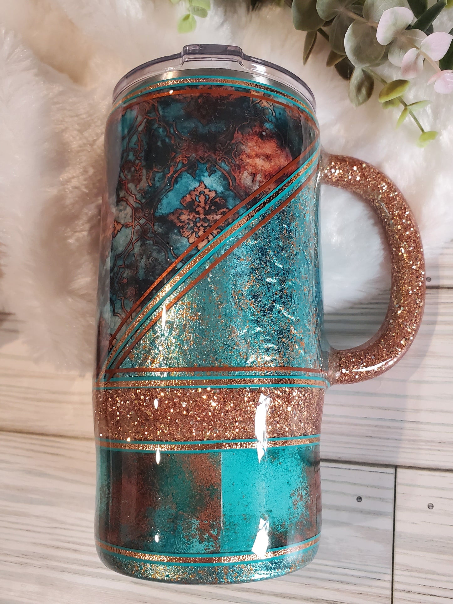 Western Texture Foil Glitter Handle Mug Tumbler - 16 oz Morning Mug - turquoise brown
