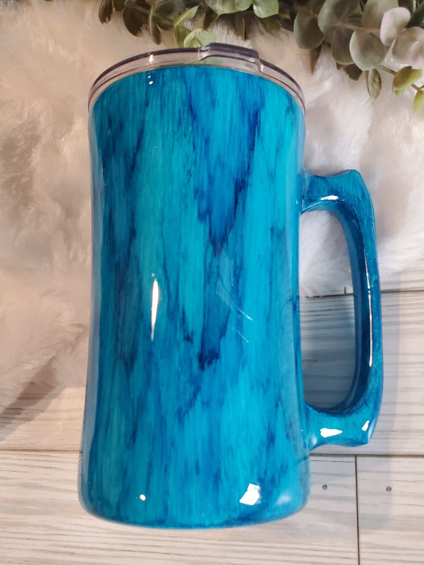 Happy Camper Blue Woodgrain Non Glitter Custom Tumbler - 20 oz handle beer mug - blue