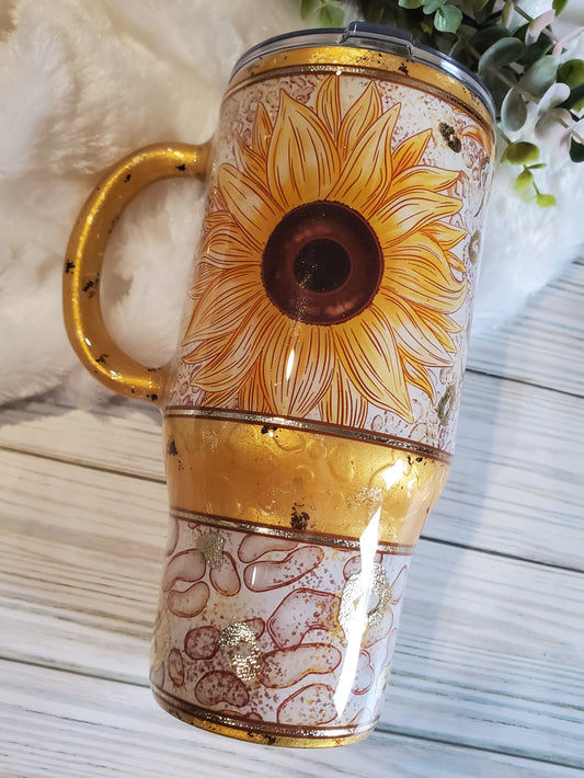 Sunflower leopard spots texture Custom Tumbler - 24 oz handled - yellow gold brown