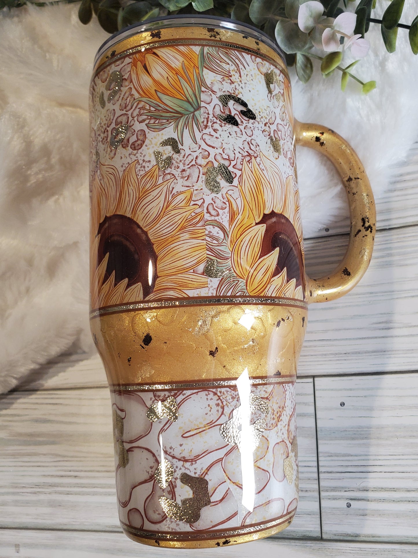 Sunflower leopard spots texture Custom Tumbler - 24 oz handled - yellow gold brown