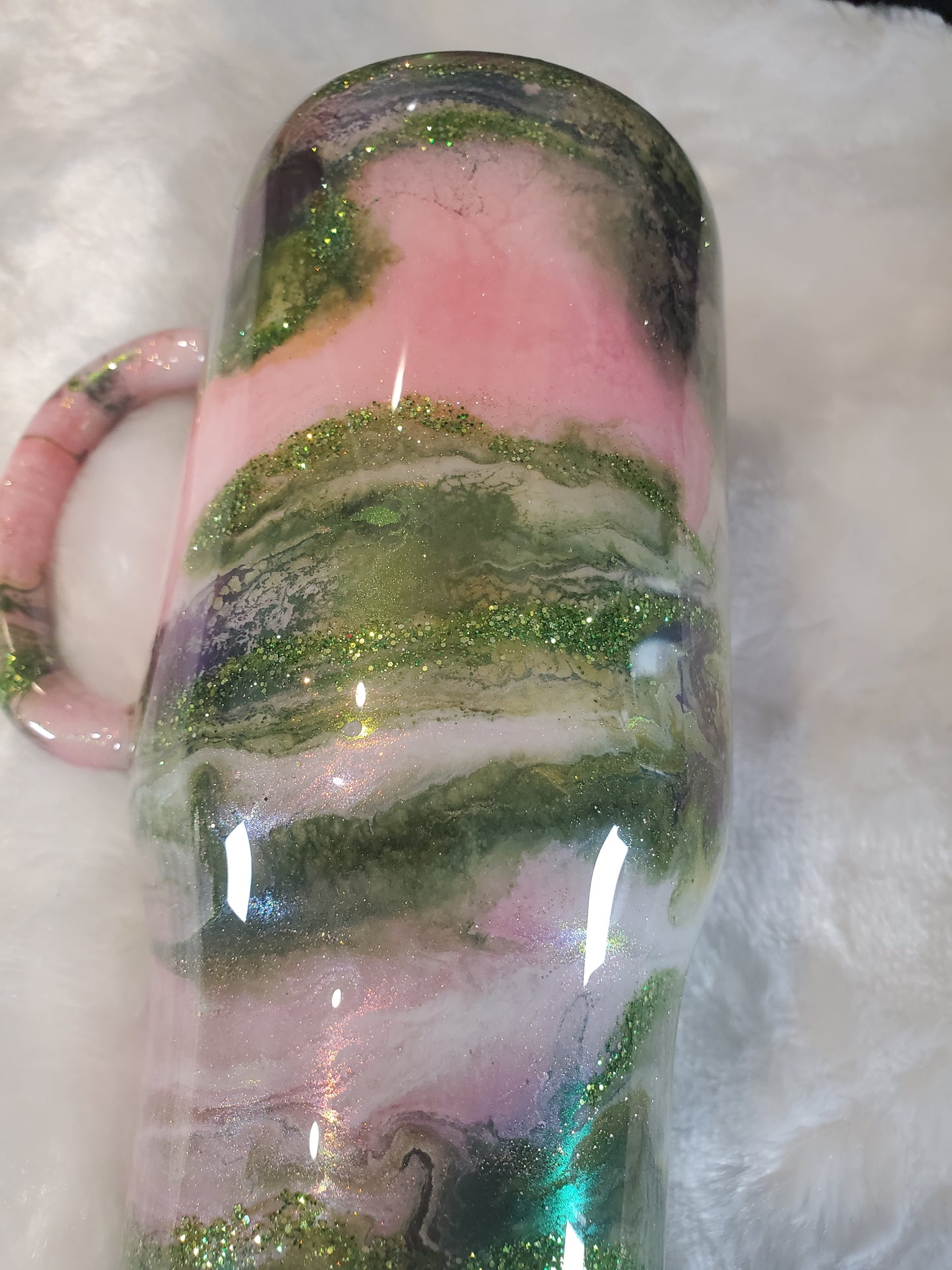 Wicked colors ink swirl glitter Custom Tumbler - 24 oz handled - green pink