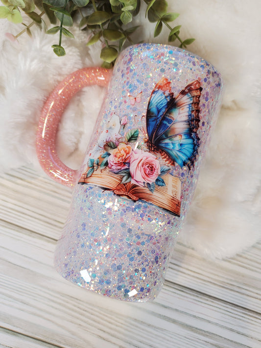 Book Butterfly Glitter Coffee Custom Mug Tumbler - 16 oz Morning Mug - white coral