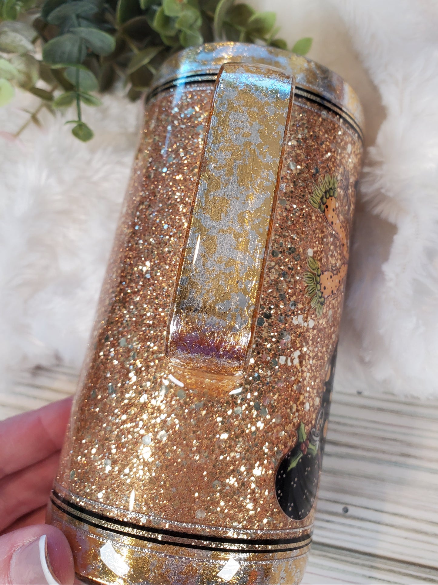 Snowman on Ornament Glitter Foil Handle Mug Tumbler - 16 oz Handled Mug - gold