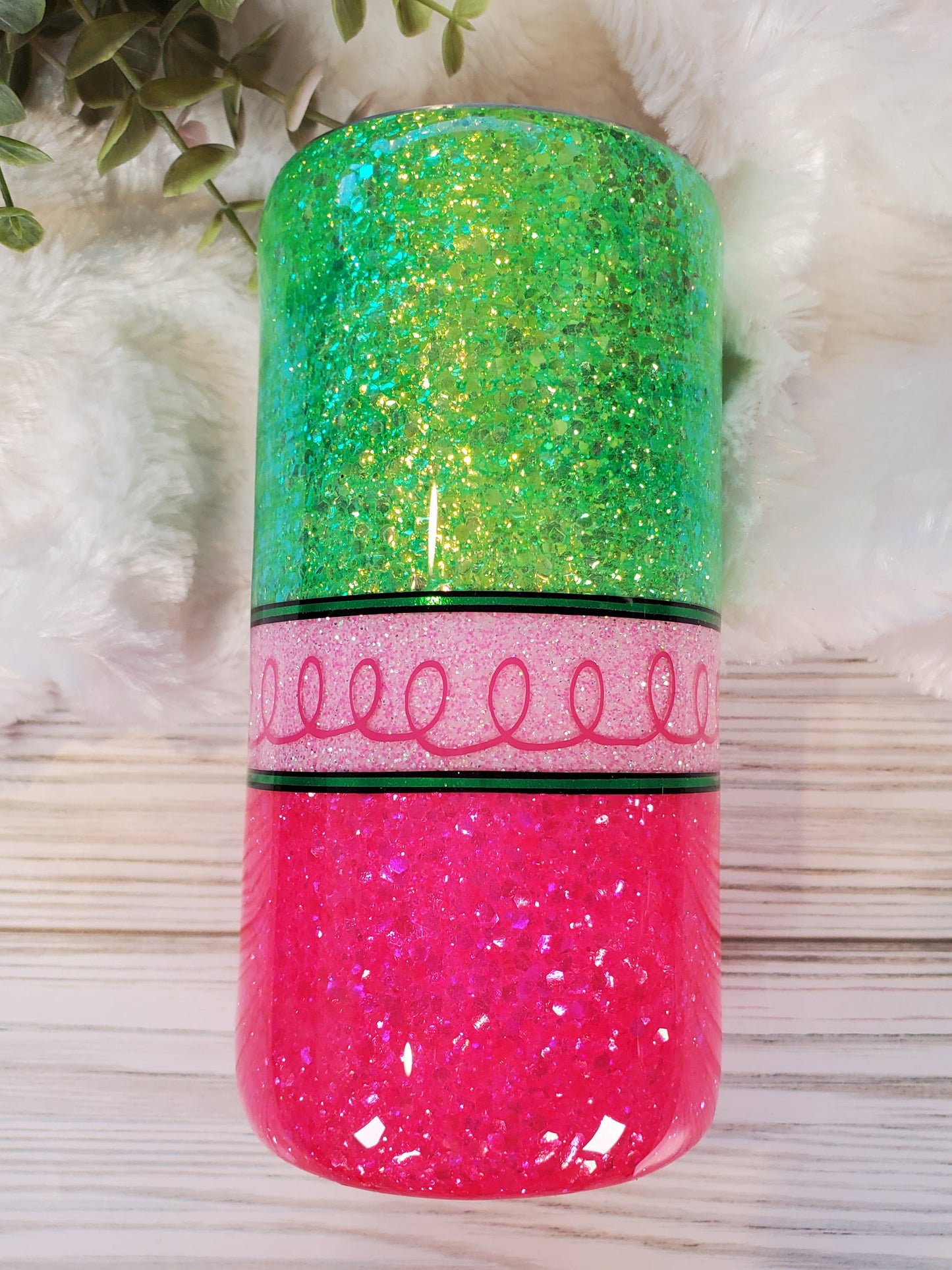 Merry Christmas Pink Green Glitter Custom Tumbler - 15 oz - bright pink and green