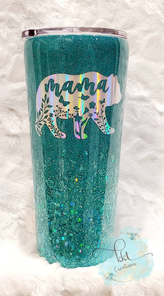 Mama Bear Glitter Custom Tumbler - 22 oz Slim Taper - turquoise