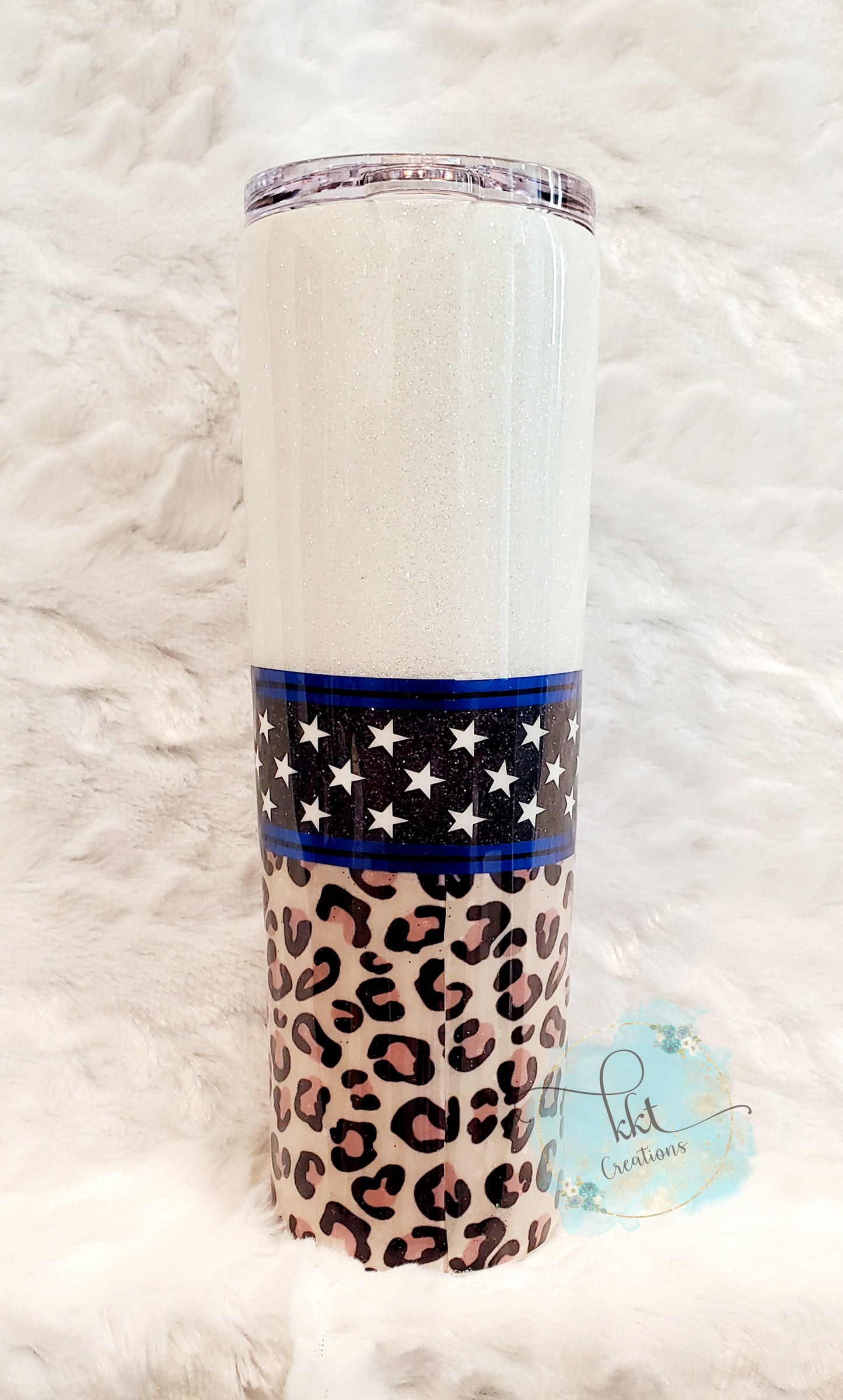 Back the Blue leopard stars glitter custom tumbler - 20 oz skinny - black, white, blue