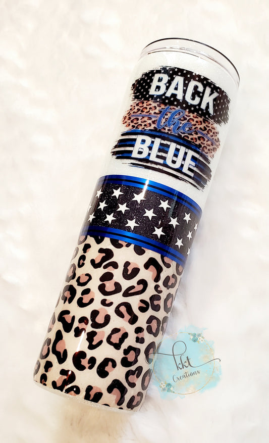 Back the Blue leopard stars glitter custom tumbler - 20 oz skinny - black, white, blue