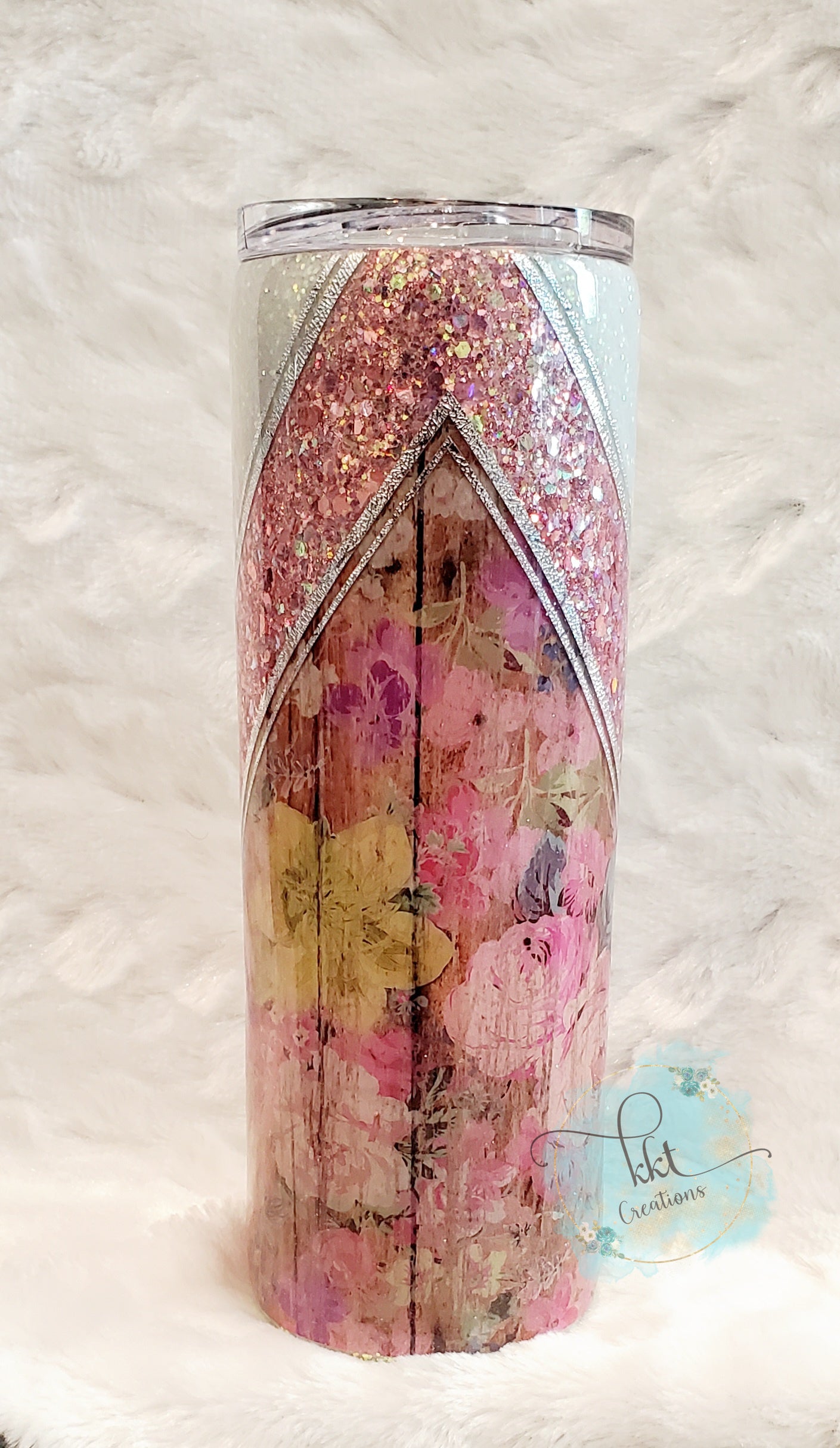 SHE IS...Glittered Flowered V-Split Custom Tumbler - 20 oz Skinny Straight - Pink