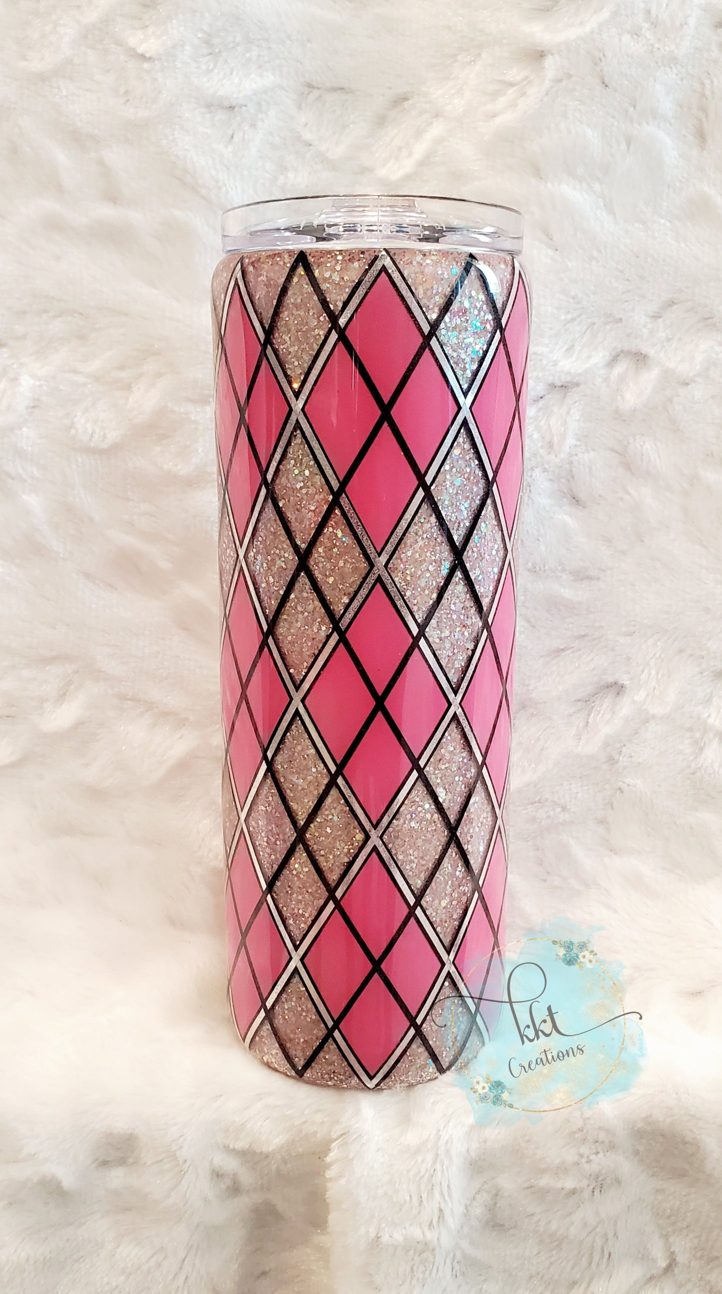 Glittered Argyle Custom Tumbler - 20 oz Skinny Straight - Darker Pink