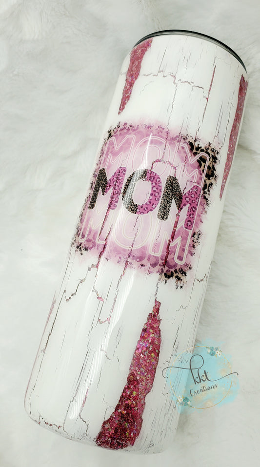 MOM Glittered Distressed Custom Tumbler - 20 oz Skinny Straight - pink/white