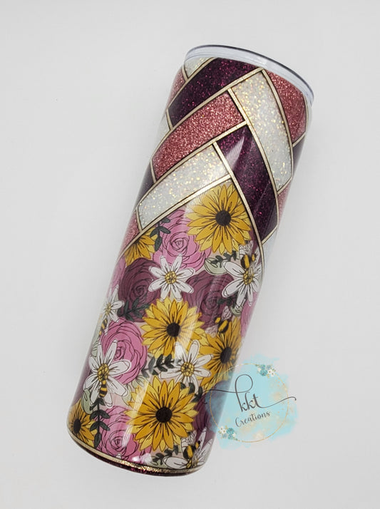 Herringbone V-Split Leopard Vinyl Custom Tumbler- 24 oz Skinny Straight - wine, rose pink, white glitter