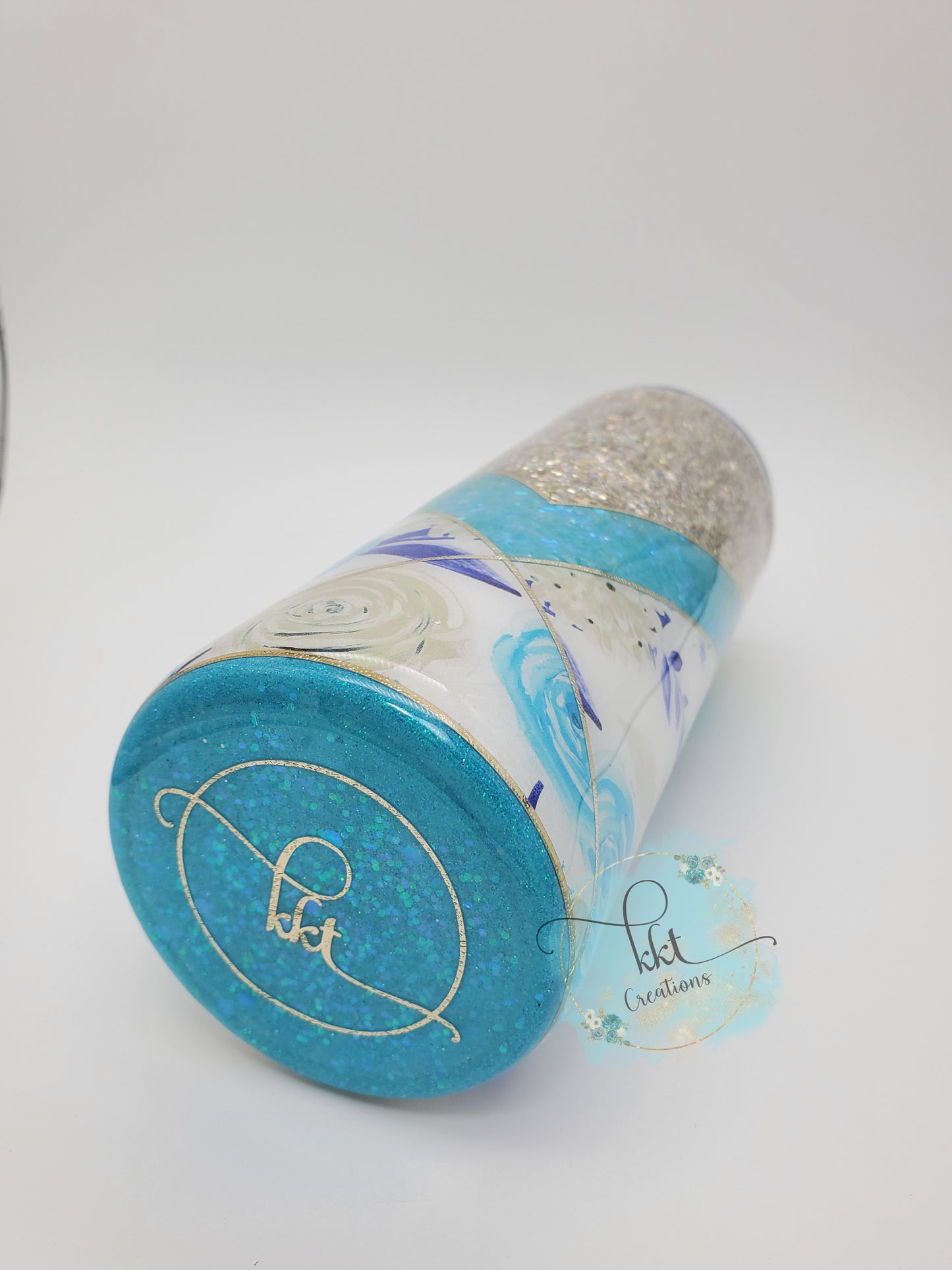 V-Split Floral Custom Tumbler- 24 oz Skinny - gold, turquoise glitter