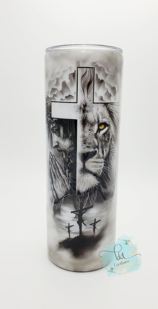 Jesus praying, Lion face, Cross Custom Tumbler - 20 oz Skinny Straight