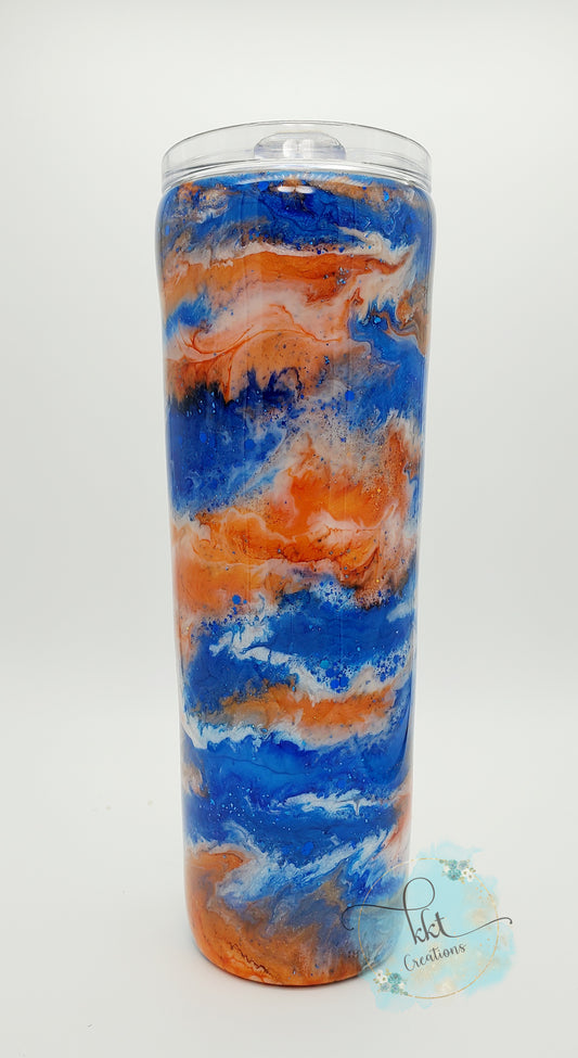 Alcohol Ink Pigment Swirl Custom Tumbler - 30 oz skinny taper - blue, orange, white