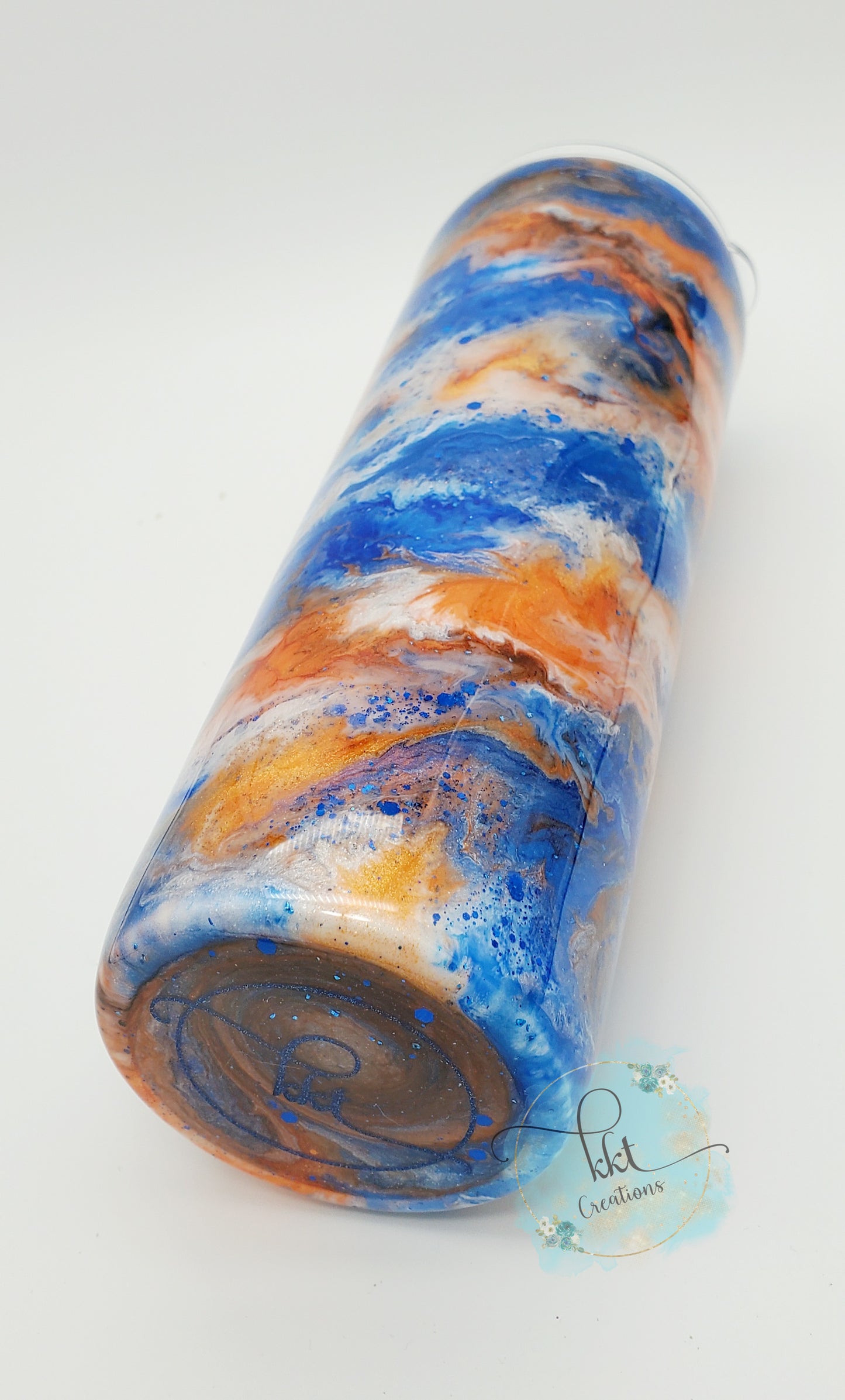 Alcohol Ink Pigment Swirl Custom Tumbler - 30 oz skinny taper - blue, orange, white