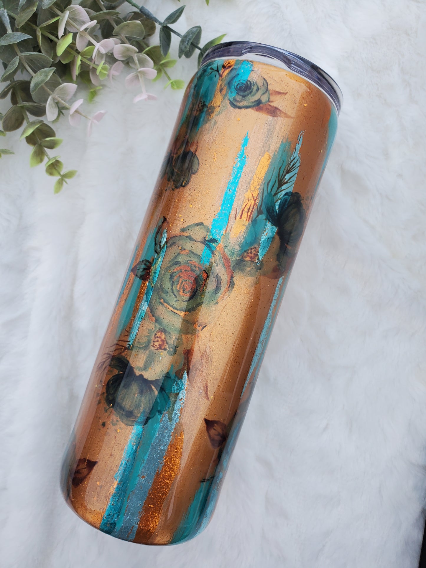 Perfectly Imperfect Pigment Brushstroke foil floral Custom Tumbler - 20 oz Skinny Straight - copper turquoise