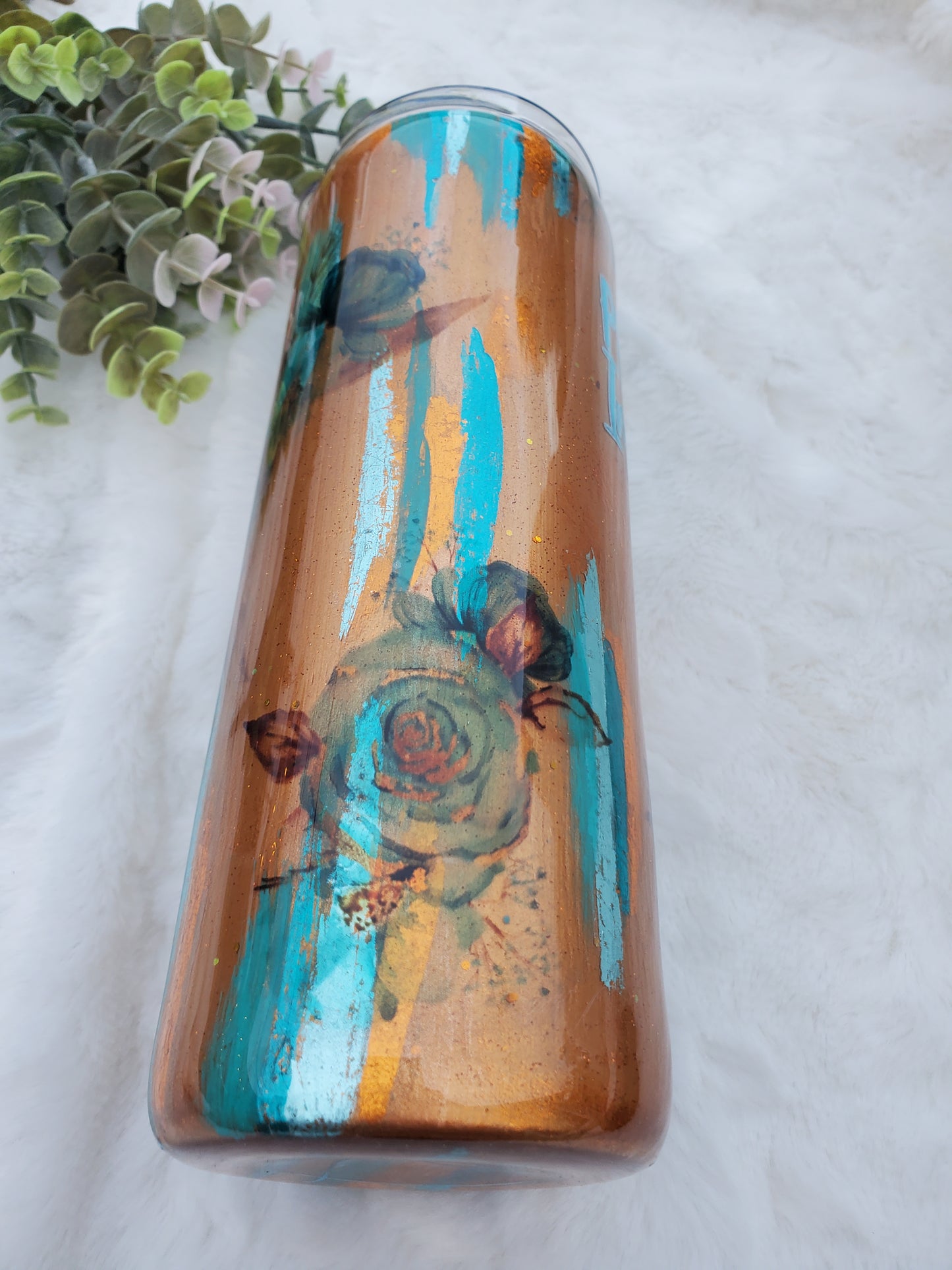 Perfectly Imperfect Pigment Brushstroke foil floral Custom Tumbler - 20 oz Skinny Straight - copper turquoise