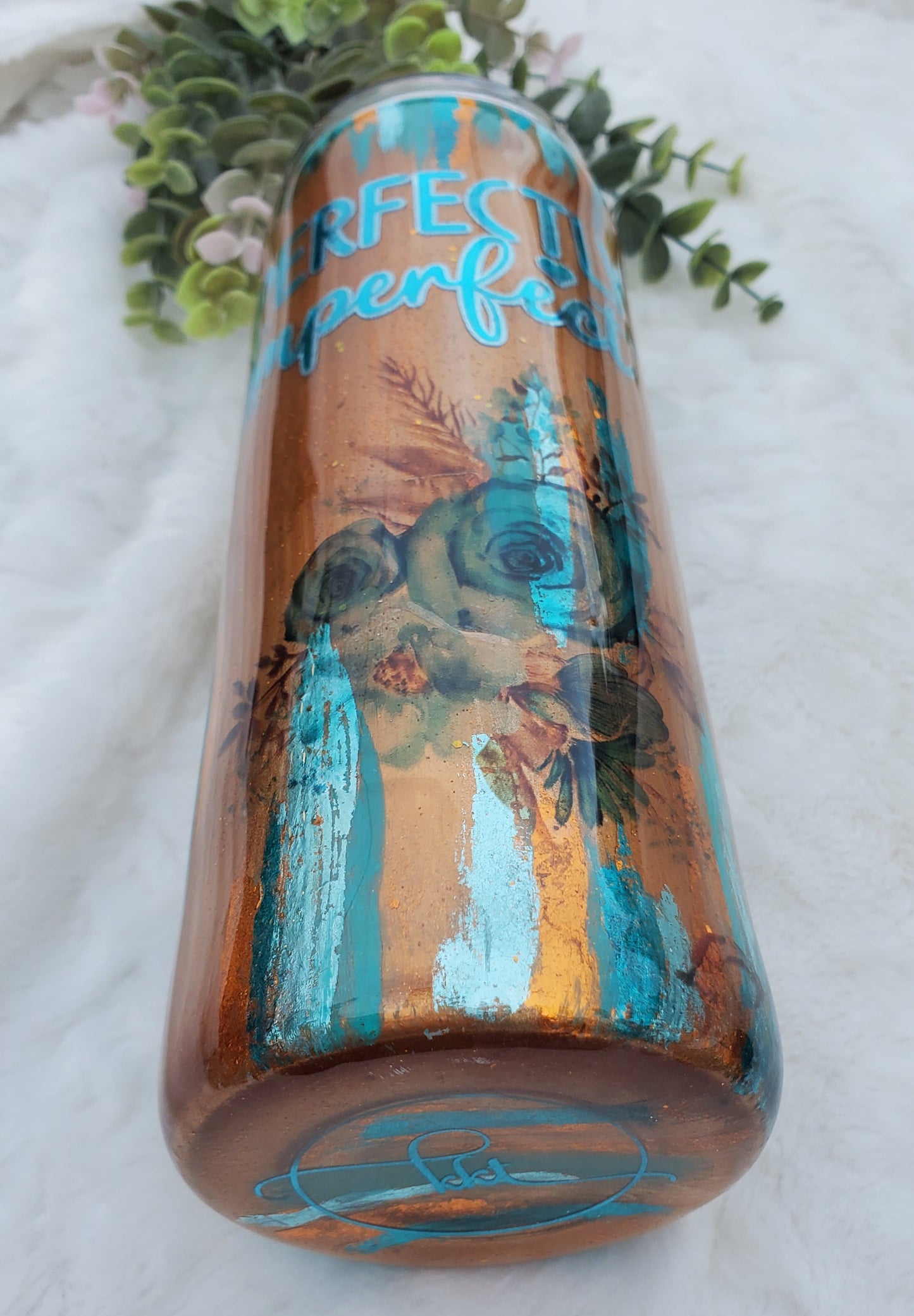 Perfectly Imperfect Pigment Brushstroke foil floral Custom Tumbler - 20 oz Skinny Straight - copper turquoise