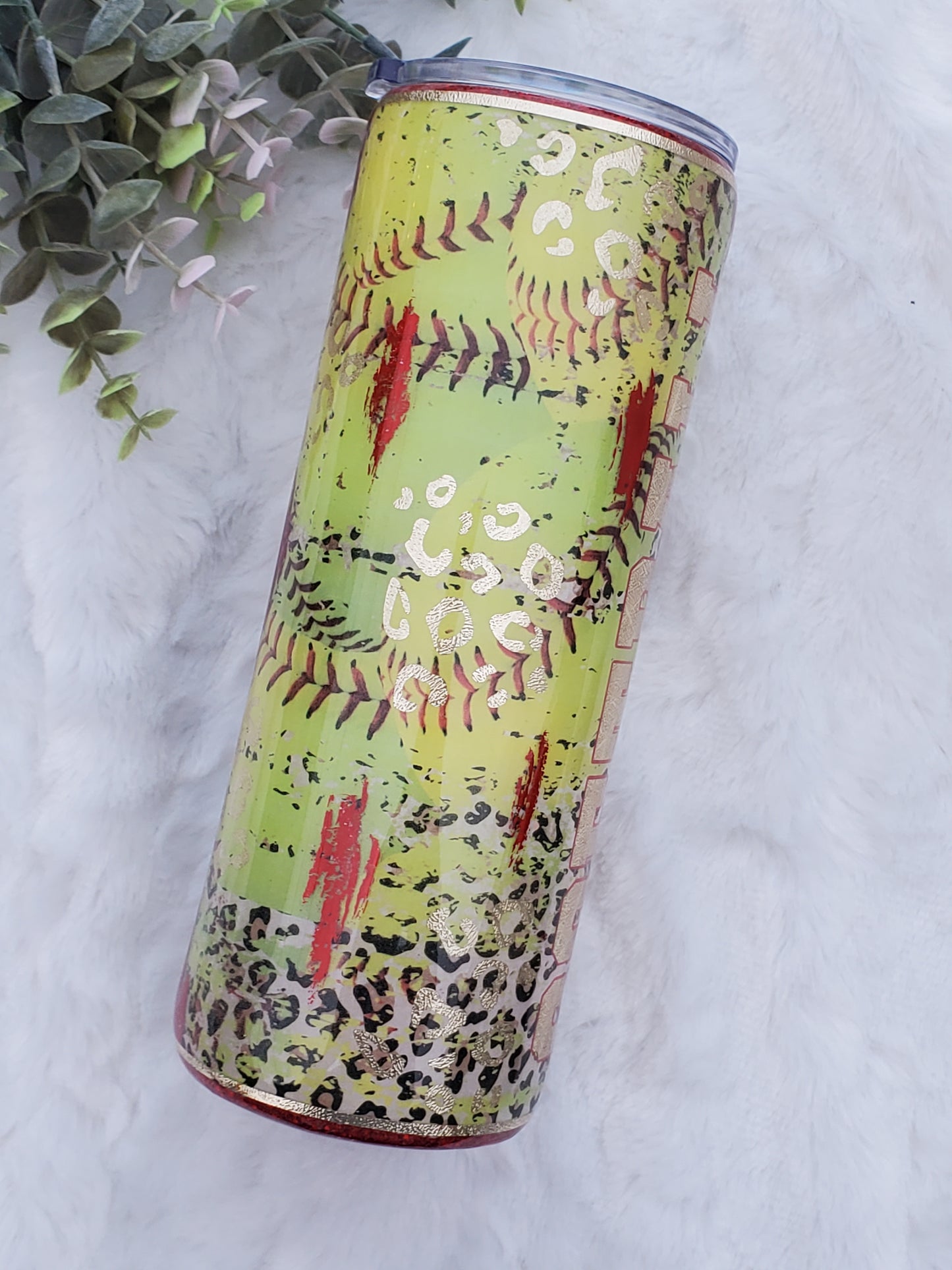 Softball all day leopard Glitter Custom Tumbler - 24 oz Skinny Plump - yellow gold