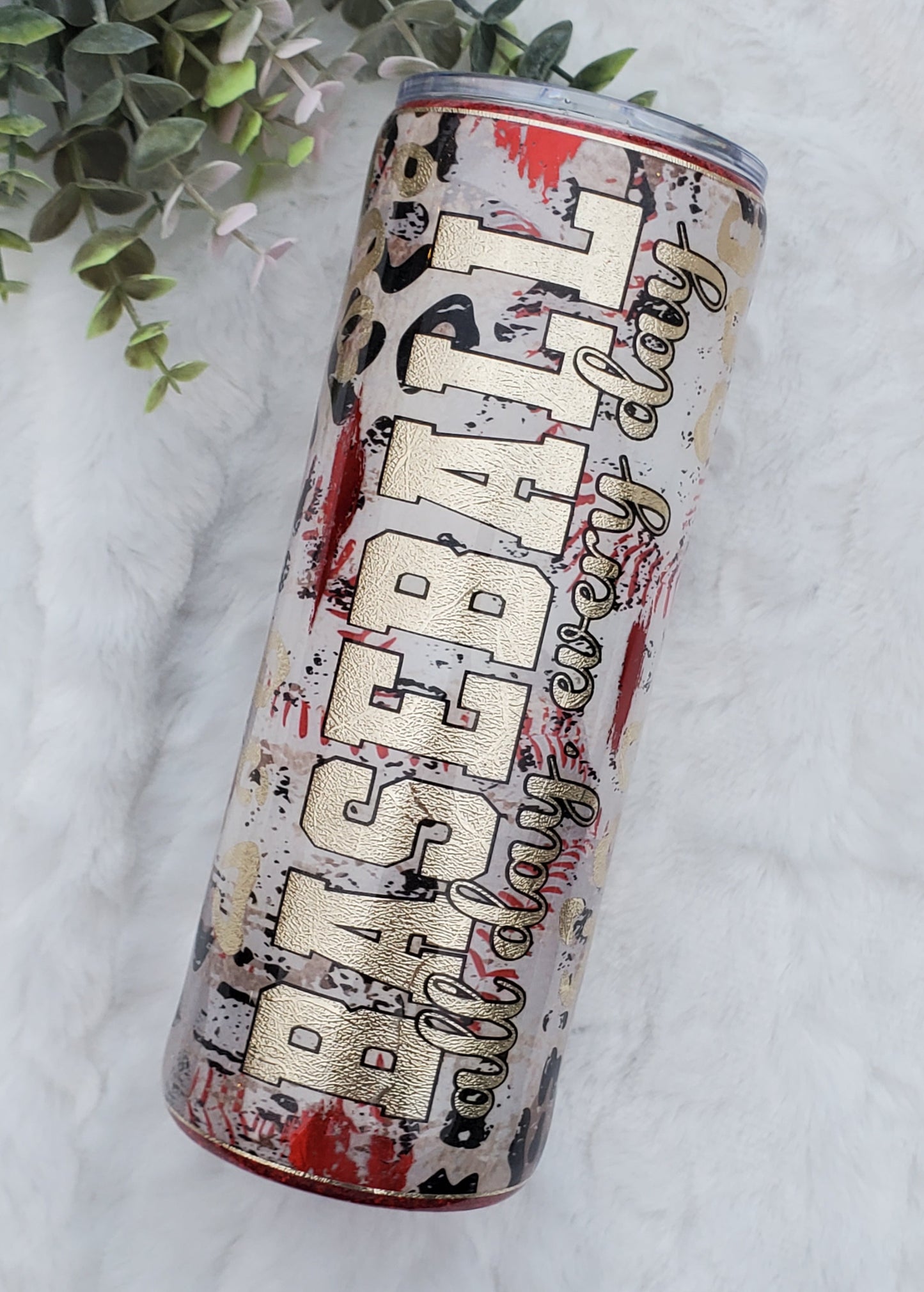 Baseball all day leopard Glitter Custom Tumbler - 24 oz Skinny Plump - white red gold