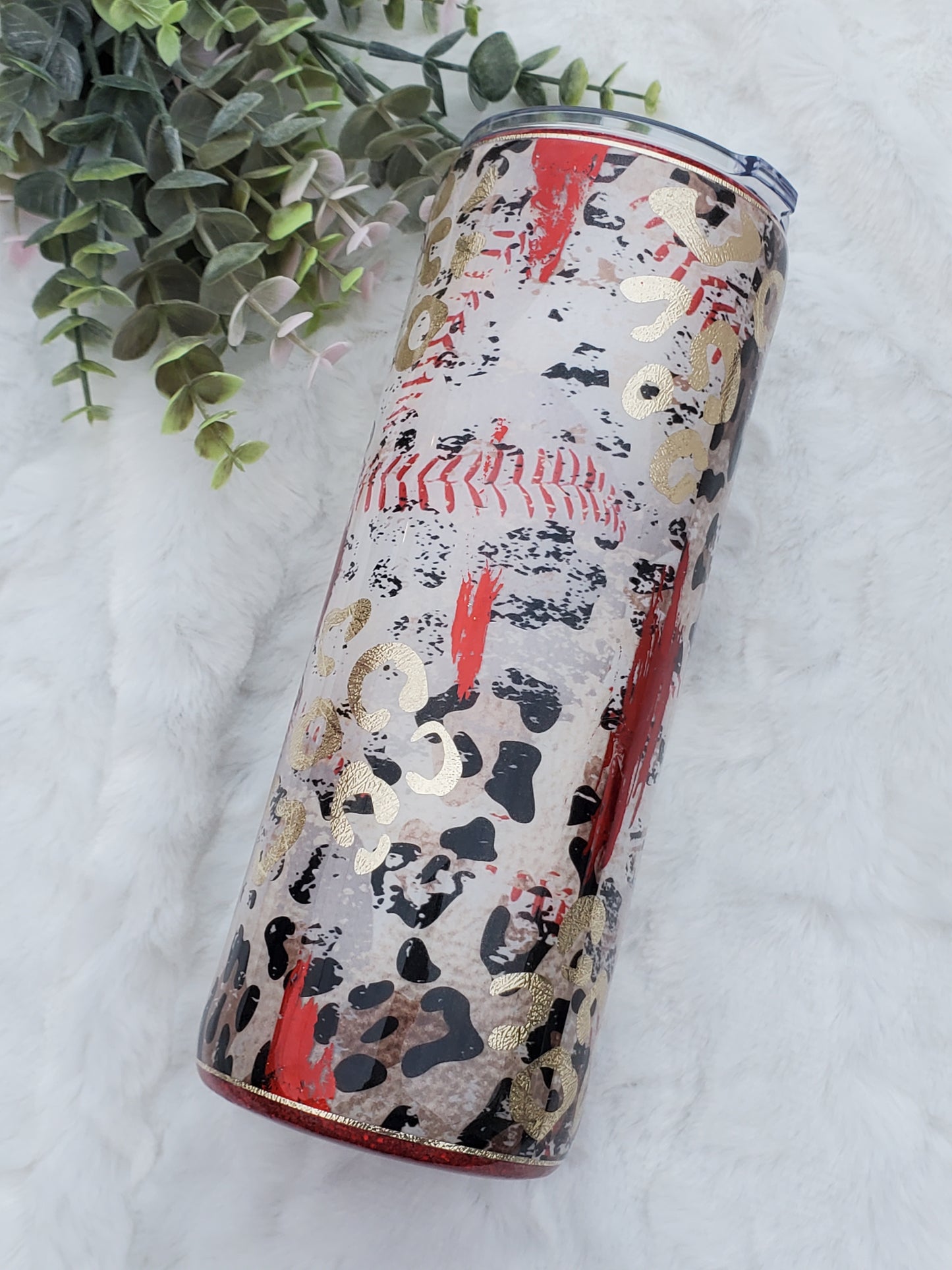 Baseball all day leopard Glitter Custom Tumbler - 24 oz Skinny Plump - white red gold